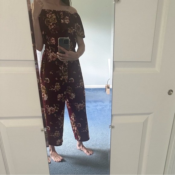 Altar’d State Burgundy/Maroon Floral Print On or Off the Shoulder Jumpsuit - Picture 11 of 15